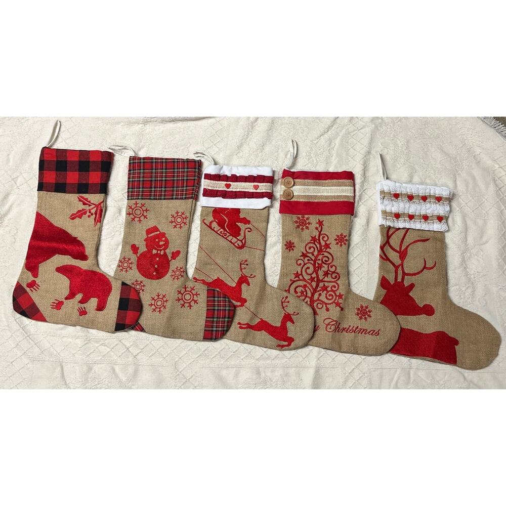 Set of 5 Rustic Burlap Christmas Stockings Plaid Bear Snowman Santa Reindeer